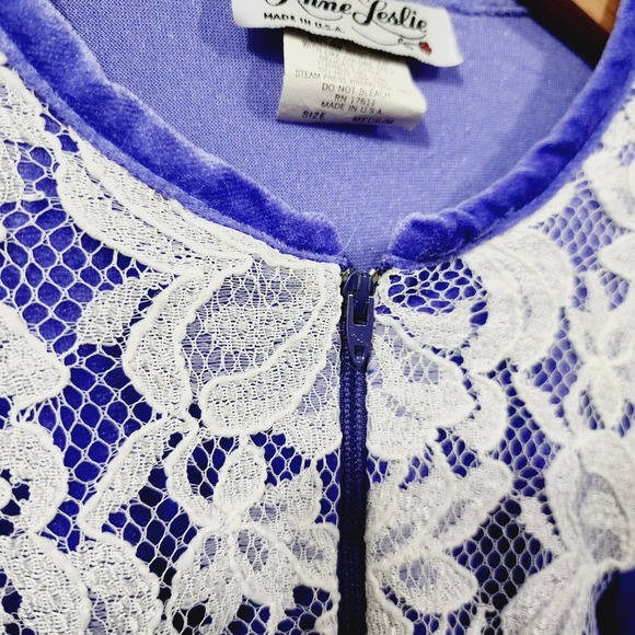 Vintage Anne Leslie Velvet Nightgown House Dress Blurple Half-Zip Lace Pocket - Picture 14 of 15